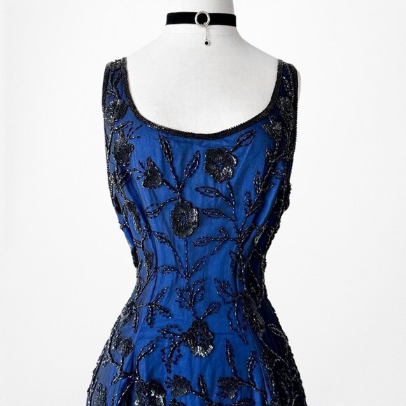 Vintage Y2K Blue Floral Beaded Silk Bodycon Maxi Formal Prom Dress Size L/XL - Picture 6 of 8